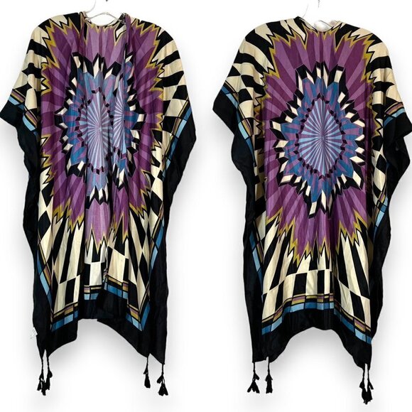 Kimono Shawl Cover Up Purple Black Beachy Abstract Hippie One Size - Picture 1 of 8
